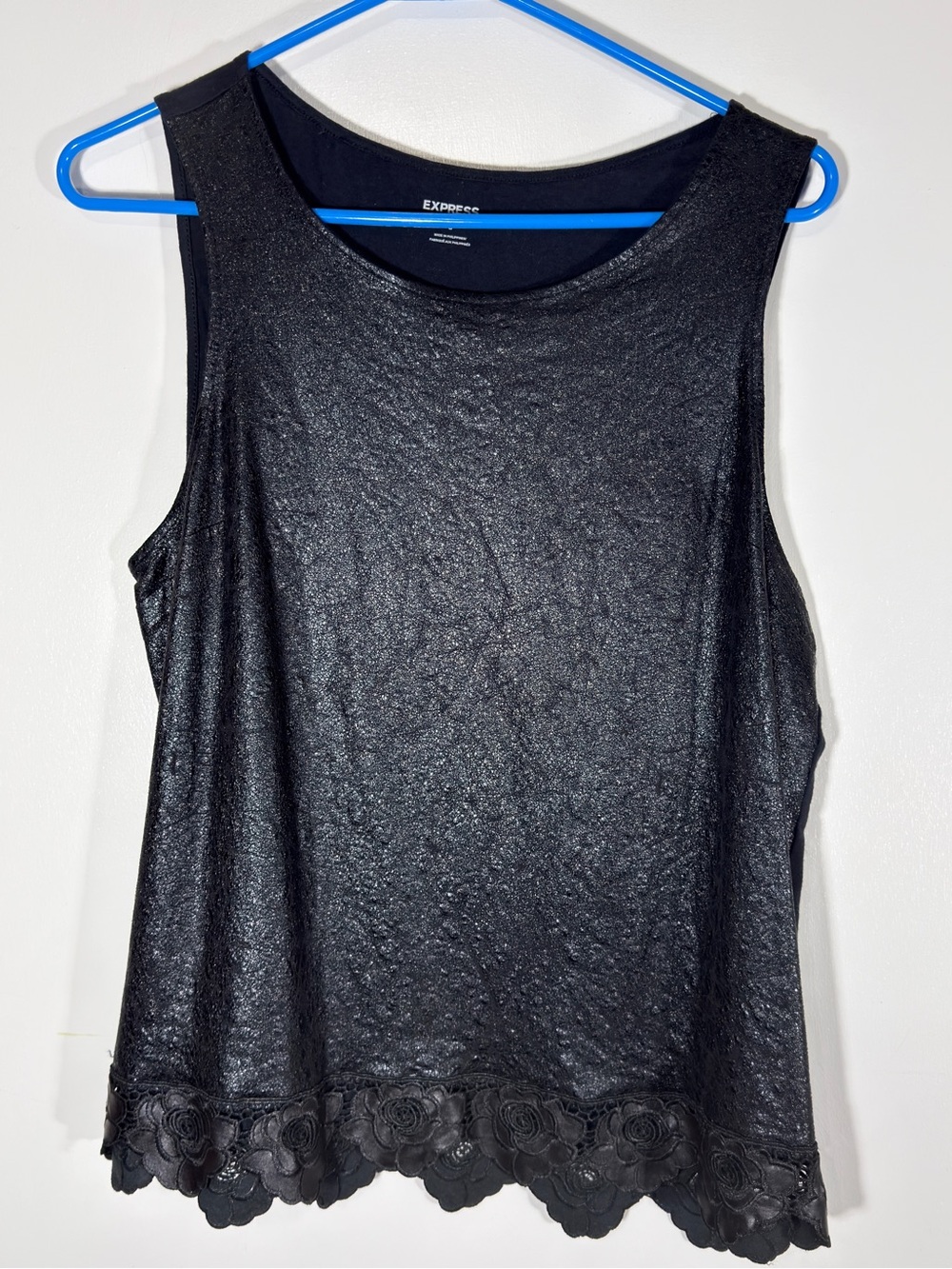 Express Black Metallic Lace-Hem Tank Top